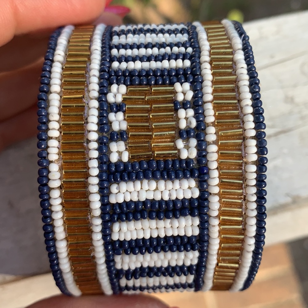 Blue & Gold Beaded Cloth & Metal Cuff Bracelet - Picture 11 of 17